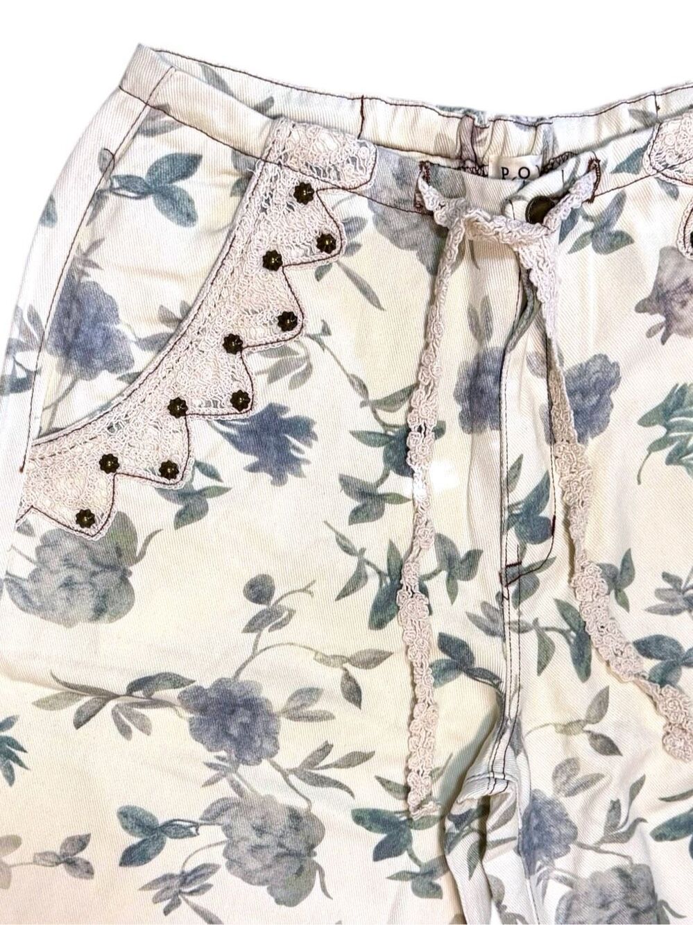 POL Cottagecore Floral Wide Leg Pants Boho Crochet Lace Studded Cotton Large - Picture 15 of 15
